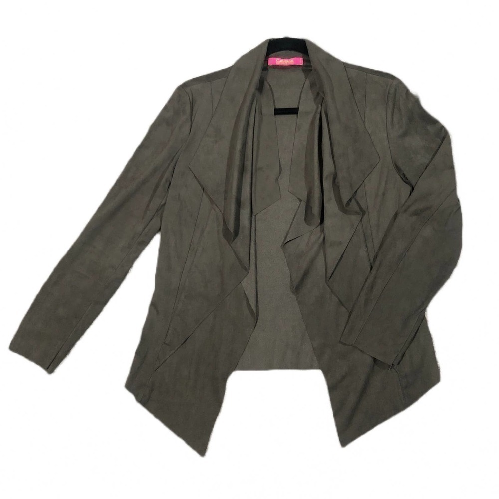 Catherine Malandrino Olive Green Faux Suede Cascade Open Front Jacket Petite S
